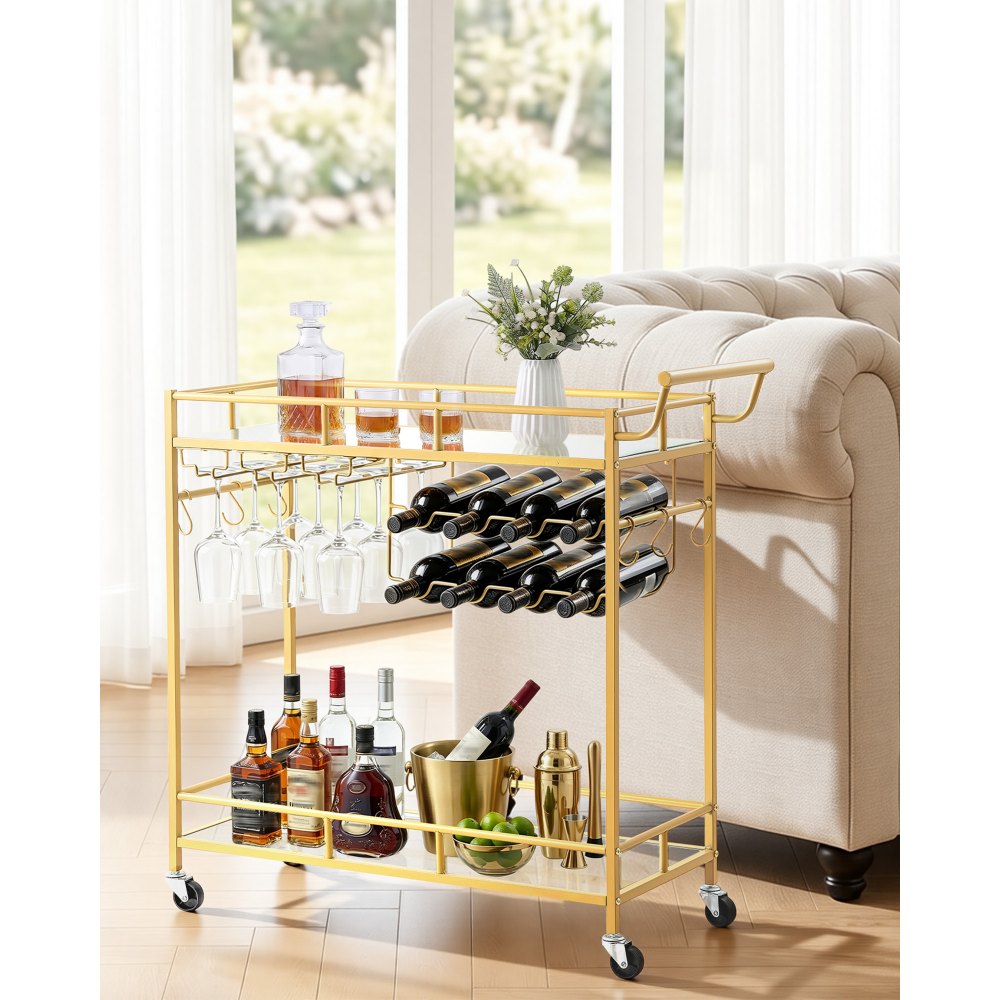 VEVOR Barwagen mit 2 Ebenen, Servierwagen mit Verspiegelten Glasablagen, Glashalter, Weinablage & Griff, Getränkewagen als Rollwagen für Wohnzimmer, Esszimmer und Küche, Küchenwagen in Goldfarben