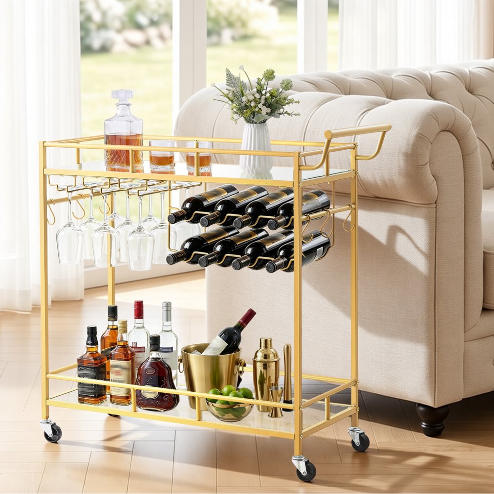 VEVOR Barwagen mit 2 Ebenen, Servierwagen mit Verspiegelten Glasablagen, Glashalter, Weinablage & Griff, Getränkewagen als Rollwagen für Wohnzimmer, Esszimmer und Küche, Küchenwagen in Goldfarben