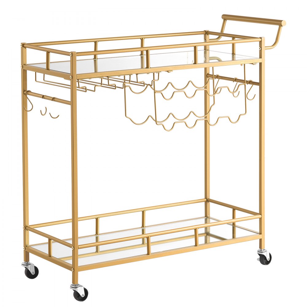 VEVOR Barwagen mit 2 Ebenen, Servierwagen mit Verspiegelten Glasablagen, Glashalter, Weinablage & Griff, Getränkewagen als Rollwagen für Wohnzimmer, Esszimmer und Küche, Küchenwagen in Goldfarben