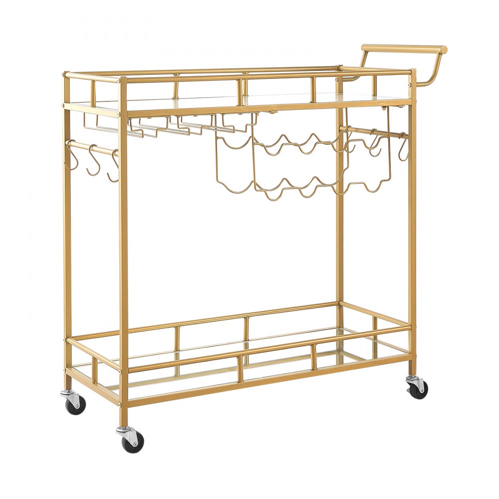 VEVOR Barwagen mit 2 Ebenen, Servierwagen mit Verspiegelten Glasablagen, Glashalter, Weinablage & Griff, Getränkewagen als Rollwagen für Wohnzimmer, Esszimmer und Küche, Küchenwagen in Goldfarben