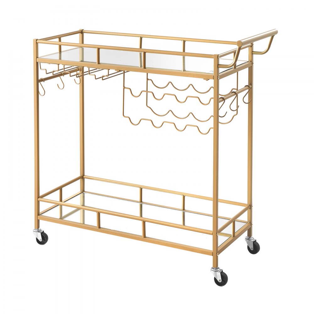 VEVOR Barwagen mit 2 Ebenen, Servierwagen mit Verspiegelten Glasablagen, Glashalter, Weinablage & Griff, Getränkewagen als Rollwagen für Wohnzimmer, Esszimmer und Küche, Küchenwagen in Goldfarben
