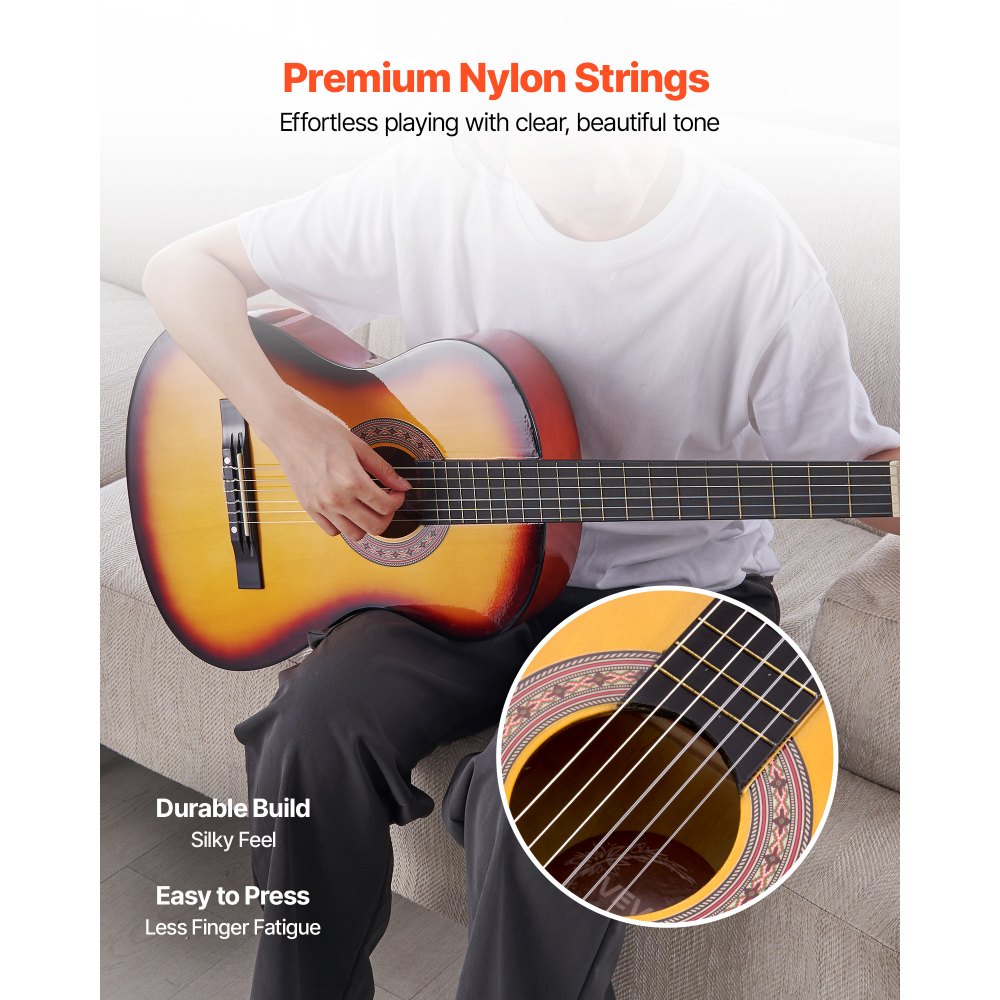VEVOR Konzertgitarre, 960 mm, Holz-Klassikgitarren-Starter-Set für Anfänger, mit Nylonsaiten, Gigbag, Gurt, Stimmgerät, zusätzlicher Saite, Plektrum, Kapodaster, Linde, für Einsteiger, Sunburst