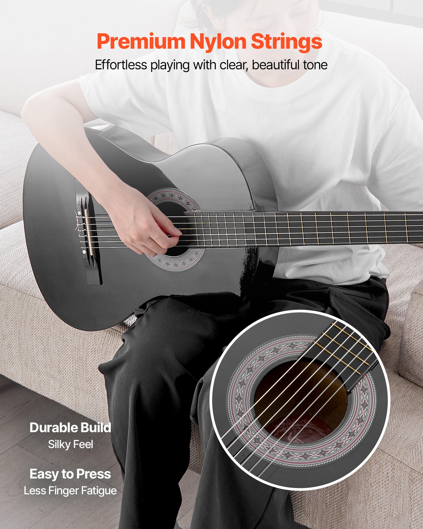 VEVOR Classical Guitar, 960 mm, Wood Classical Guitar Starter Kit for Beginners, with Nylon Strings, Gig Bag, Strap, Tuner, Extra Strings, Picks, Capo, Basswood, for Teenagers Adults Students, Black