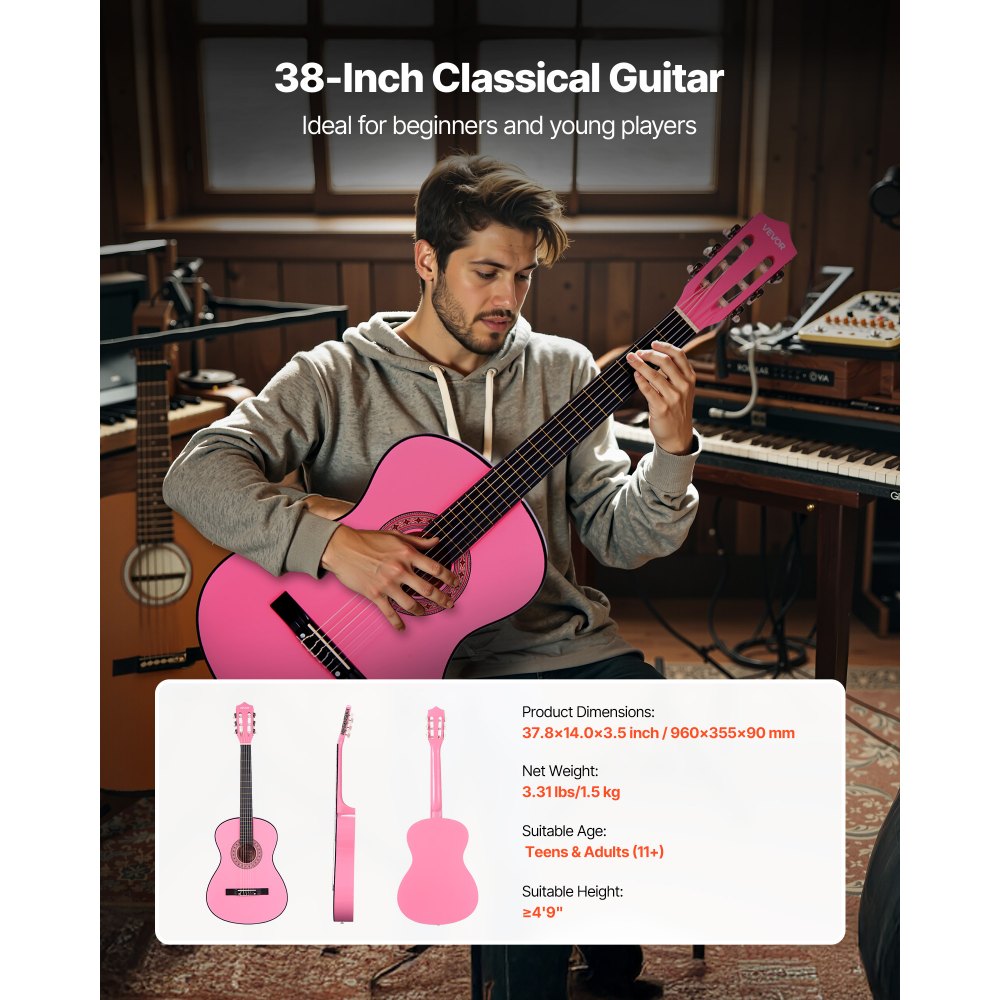 VEVOR Konzertgitarre, 960 mm, Holz-Klassikgitarren-Starter-Set für Anfänger, mit Nylonsaiten, Gigbag, Gurt, Stimmgerät, zusätzlichen Saiten, Plektren, Kapodaster, Linde, für Einsteiger, Pink