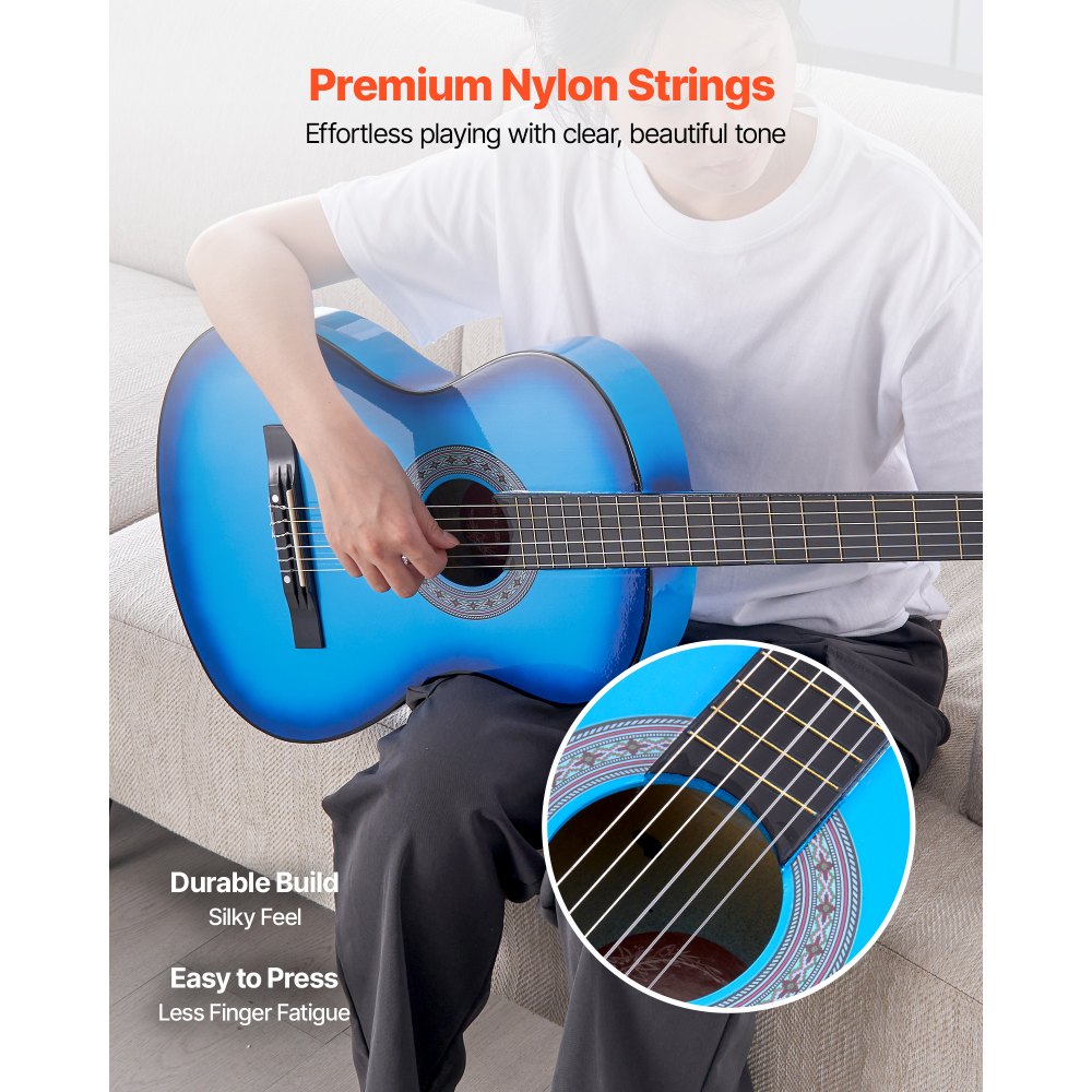 VEVOR Konzertgitarre, 960 mm, Holz-Klassikgitarren-Starter-Set für Anfänger, mit Nylonsaiten, Gigbag, Gurt, Stimmgerät, zusätzlichen Saiten, Plektren, Kapodaster, Linde, für Einsteiger, Blau