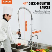 VEVOR Kommerzielle Küchenarmatur Wasserhahn mit Ausziehbarer Vorspülbrause, 112 cm Höhe, 203 mm Mitte, 305 mm Schwenkauslauf, Messing Küchenspülenarmatur zur Deckmontage, für 1/2/3-Fach-Spüle