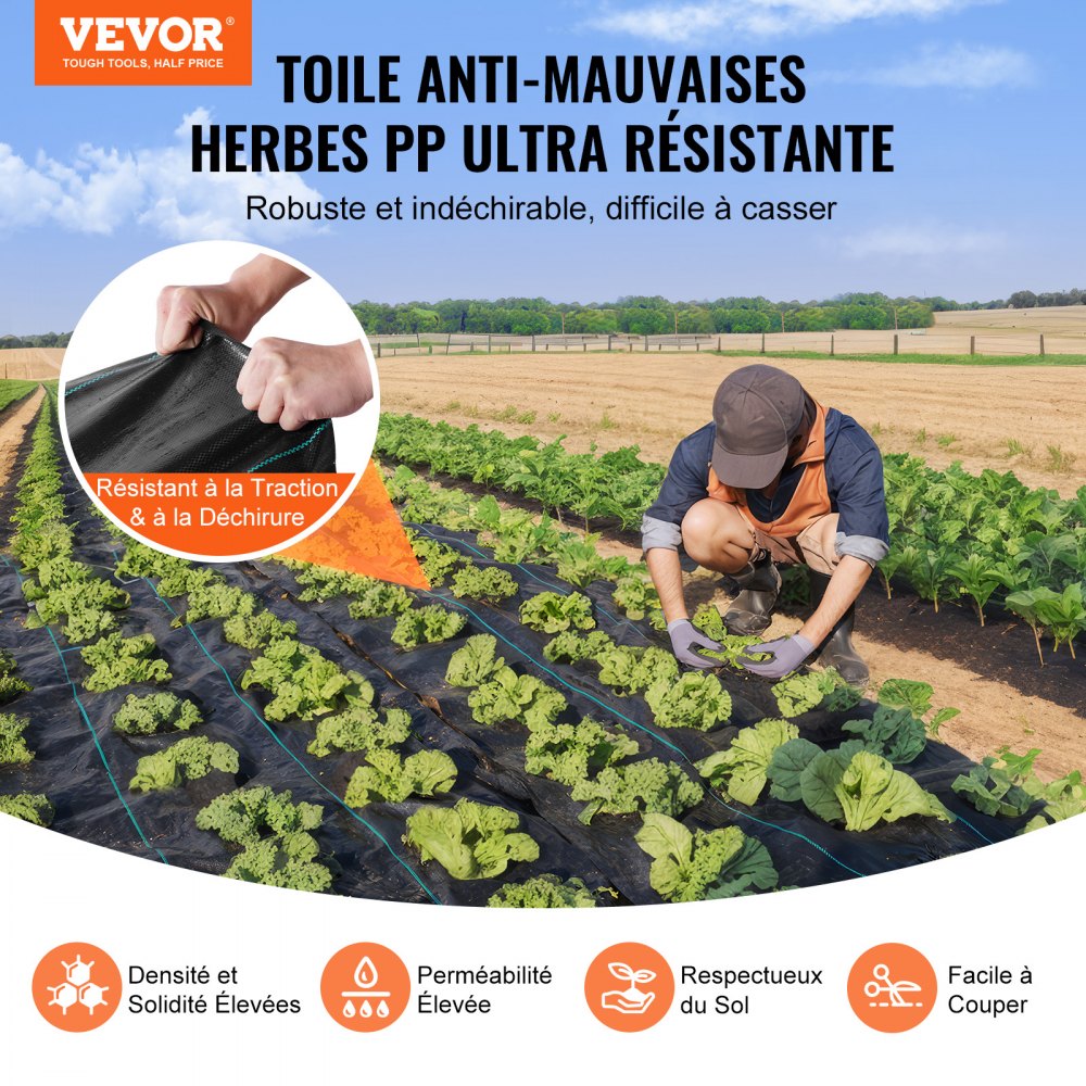 VEVOR Unkrautschutz Gartenvlies 1 x 50 m, Strapazierfähiger Gewebter PP-Unkrautbekämpfungsstoff, Korrosionsbeständiges & Reißfestes Unkrautflies Unkrautschutzvlies für Landschaftsbau, Bodendecker
