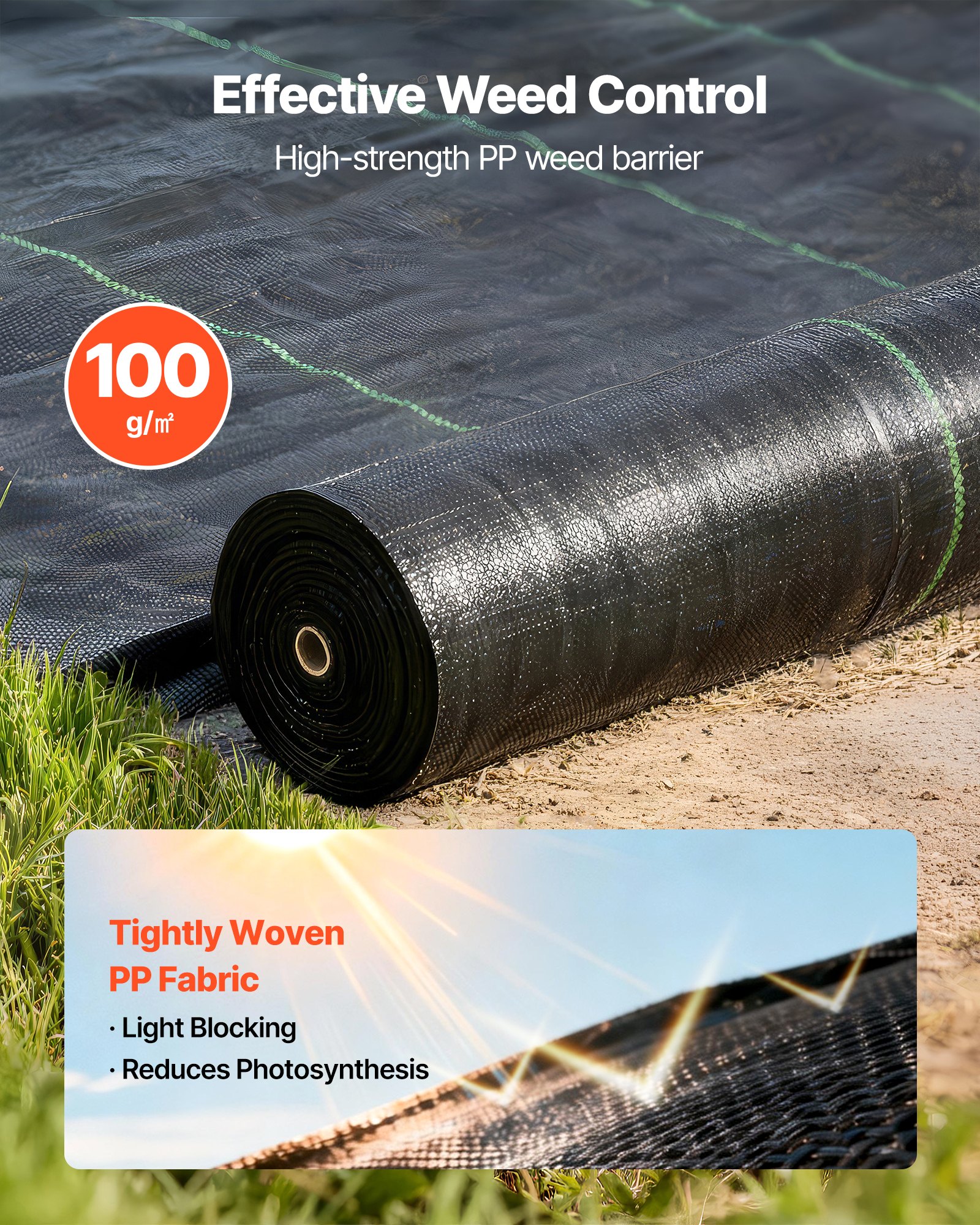 VEVOR Unkrautvlies 2x50 m Gartenvlies 100 g/㎡, Unkrautmatte auf Rolle aus Polypropylen, Unkrautfolie mit Hoher Belüftung Entwässerung, Wurzelsperre gegen Unkraut für Gewächshaus Bauernhof, Schwarz