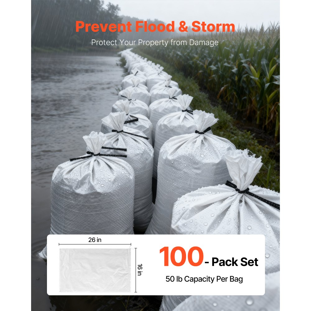VEVOR Empty Sandbags, 100 Packs 40 x 66 cm, Heavy Duty Sand Bags Sacks with Ties, 22.6kg Capacity Woven Polypropylene Sandbags, Tear-Resistant & UV-Resistant Sand Bags for Flood Protection Barrier