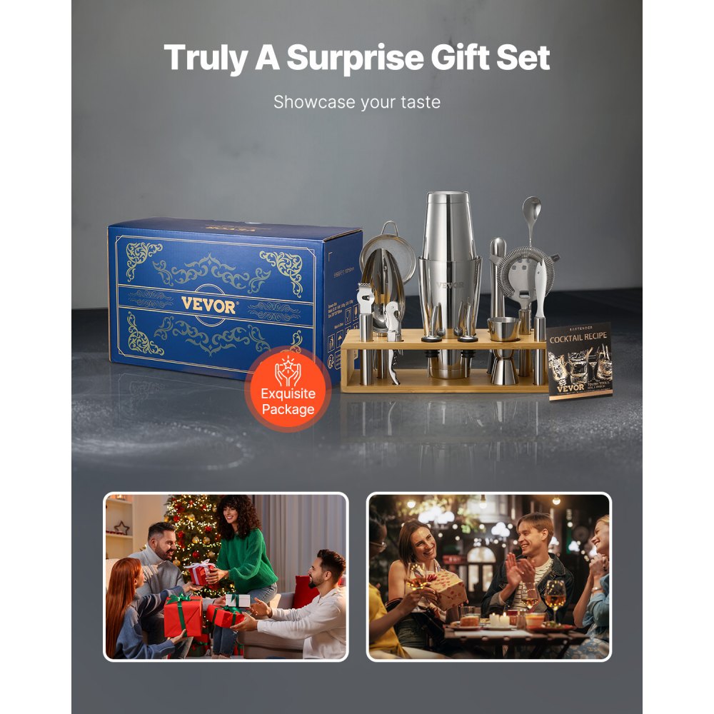 VEVOR Cocktail Shaker Set, 13-teiliges Bar-Set aus Edelstahl mit Bambusständer, Zubehör für Boston-Barkeeper | Mixerlöffel Stößel Messbecher Sieb Schnapsausgießer Eisschaufel Zitronenschaber