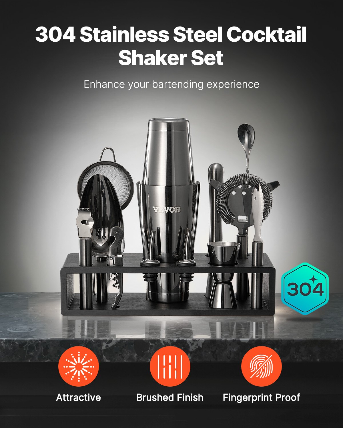 VEVOR Cocktail Shaker Set, 13-teiliges Bar-Set Getränke Mixer aus Edelstahl mit Bambusständer, Boston-Barkeeper | Mixerlöffel Stößel Messbecher Sieb Schnapsausgießer Eisschaufel Zitronenschaber