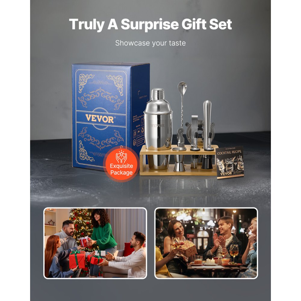 VEVOR Cocktail Shaker Set, 10-teiliges Bar-Werkzeugset aus Edelstahl mit Bambusständer, Martini-Barkeeper-Set| Mixerlöffel Stößel Messbecher Sieb Schnapsausgießer Eiszange Korkenzieher, Silber