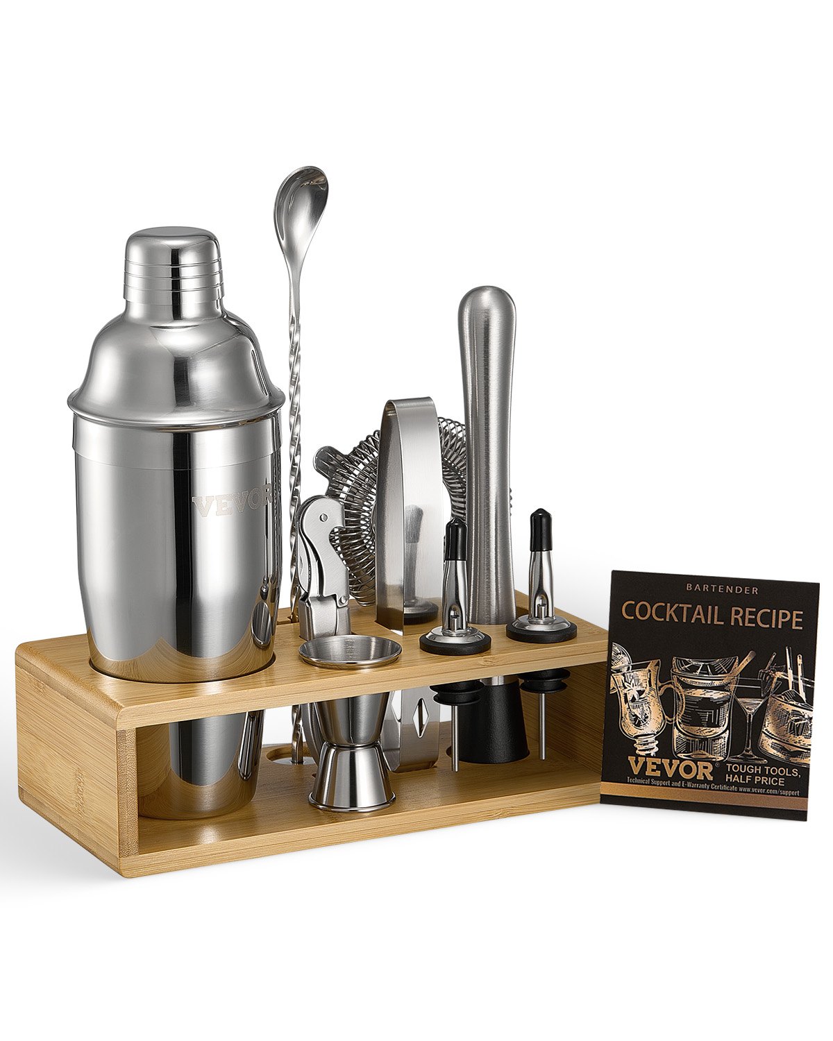 VEVOR Cocktail Shaker Set, 10-teiliges Bar-Werkzeugset aus Edelstahl mit Bambusständer, Martini-Barkeeper-Set| Mixerlöffel Stößel Messbecher Sieb Schnapsausgießer Eiszange Korkenzieher, Silber