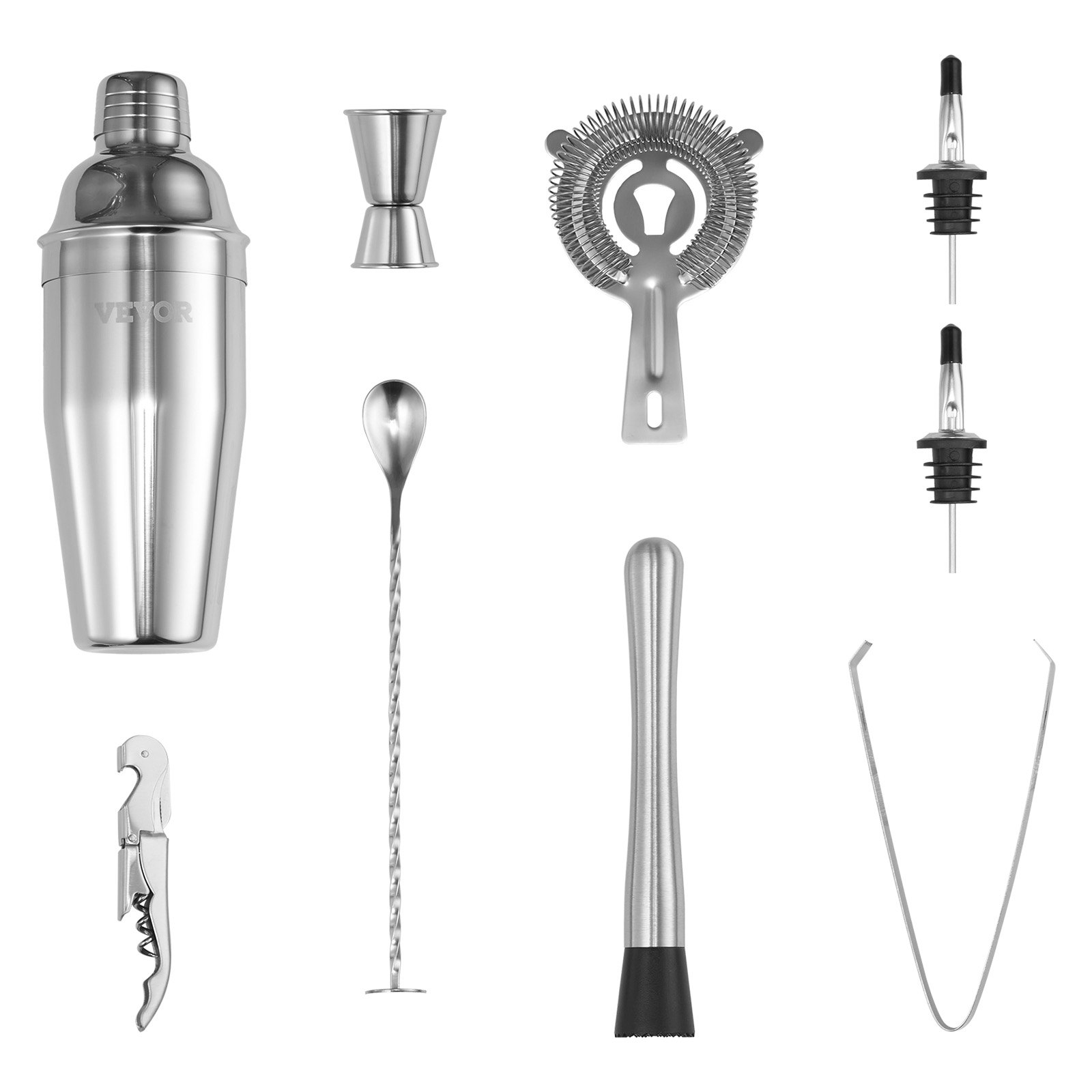 VEVOR Cocktail Shaker Set, 10-teiliges Bar-Werkzeugset aus Edelstahl mit Bambusständer, Martini-Barkeeper-Set| Mixerlöffel Stößel Messbecher Sieb Schnapsausgießer Eiszange Korkenzieher, Silber