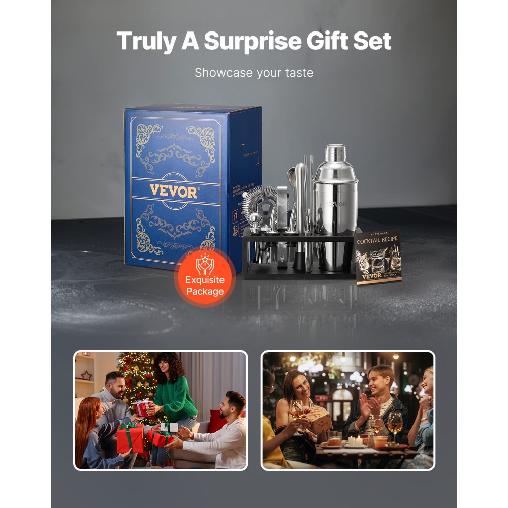 VEVOR Cocktail Shaker Set, 13-teiliges Bar-Werkzeugset aus Edelstahl mit Bambusständer, Martini-Barkeeper-Set | Mixerlöffel Stößel Messbecher Sieb Schnapsausgießer Eiszange Korkenzieher Silber