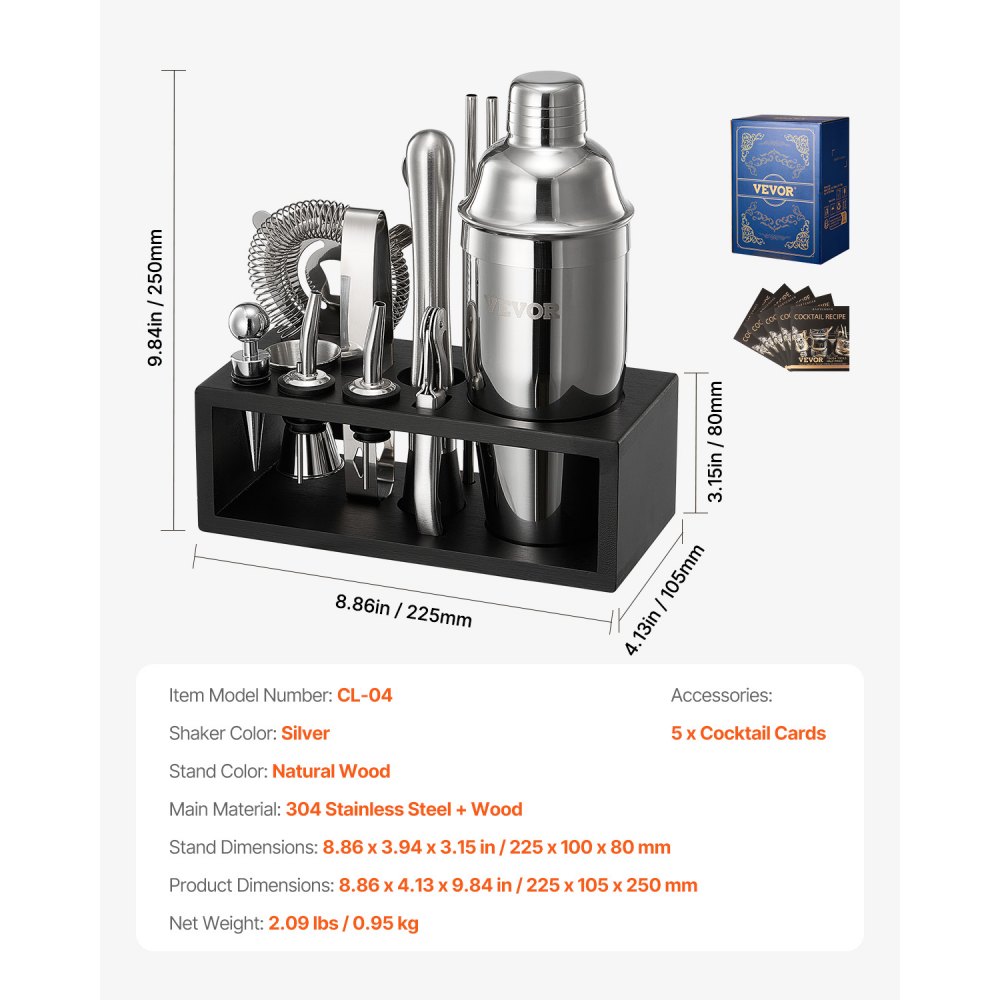 VEVOR Cocktail Shaker Set, 13-teiliges Bar-Werkzeugset aus Edelstahl mit Bambusständer, Martini-Barkeeper-Set | Mixerlöffel Stößel Messbecher Sieb Schnapsausgießer Eiszange Korkenzieher Silber