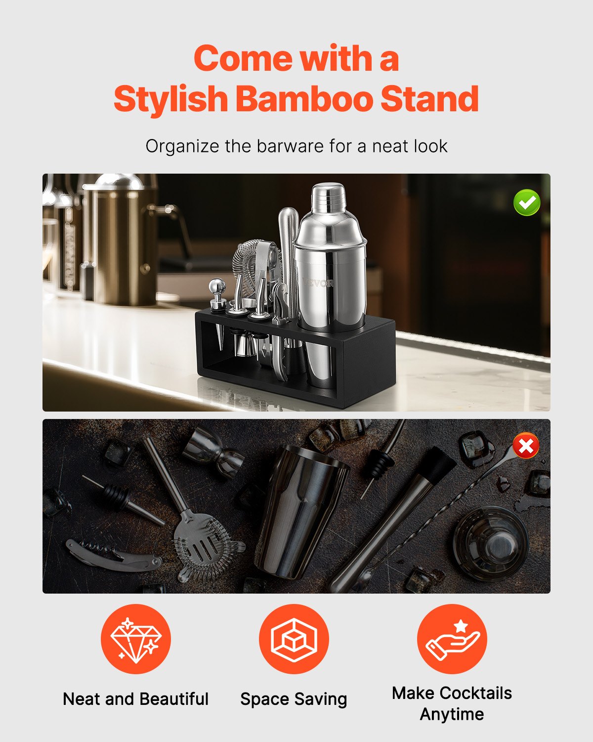 VEVOR Cocktail Shaker Set, 13-teiliges Bar-Werkzeugset aus Edelstahl mit Bambusständer, Martini-Barkeeper-Set | Mixerlöffel Stößel Messbecher Sieb Schnapsausgießer Eiszange Korkenzieher Silber