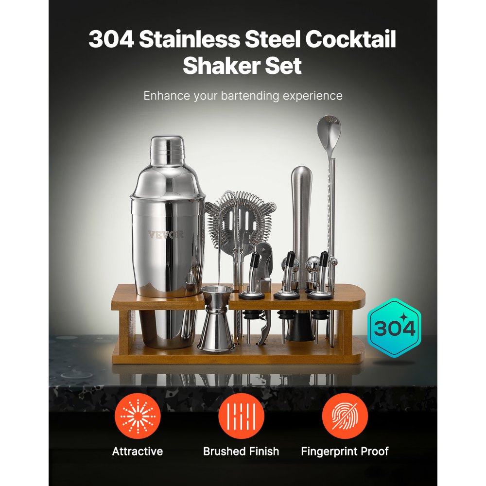 VEVOR Cocktail Shaker Set, 18-teiliges Bar-Werkzeugset aus Edelstahl mit Bambusständer, Martini-Barkeeper-Set | Mixerlöffel Stößel Messbecher Sieb Schnapsausgießer Eiszange Korkenzieher, Silber
