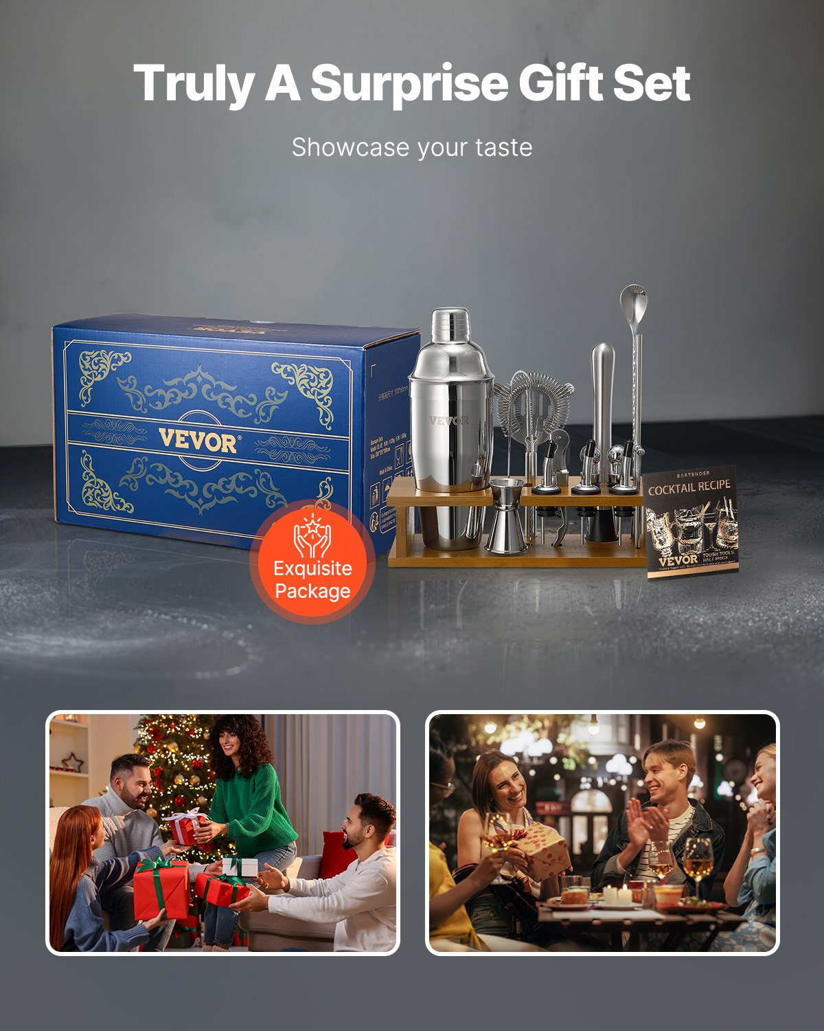 VEVOR Cocktail Shaker Set, 18-teiliges Bar-Werkzeugset aus Edelstahl mit Bambusständer, Martini-Barkeeper-Set | Mixerlöffel Stößel Messbecher Sieb Schnapsausgießer Eiszange Korkenzieher, Silber