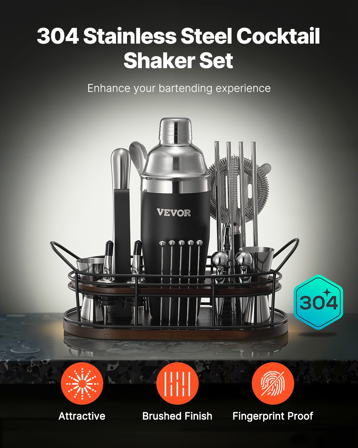 VEVOR Cocktail Shaker Set, 23-tlg. Bar-Set aus Edelstahl mit Bambusständer, Zubehör für Martini-Barkeeper-Set | Mixerlöffel Stößel Messbecher Sieb Schnapsausgießer Eiszange Korkenzieher