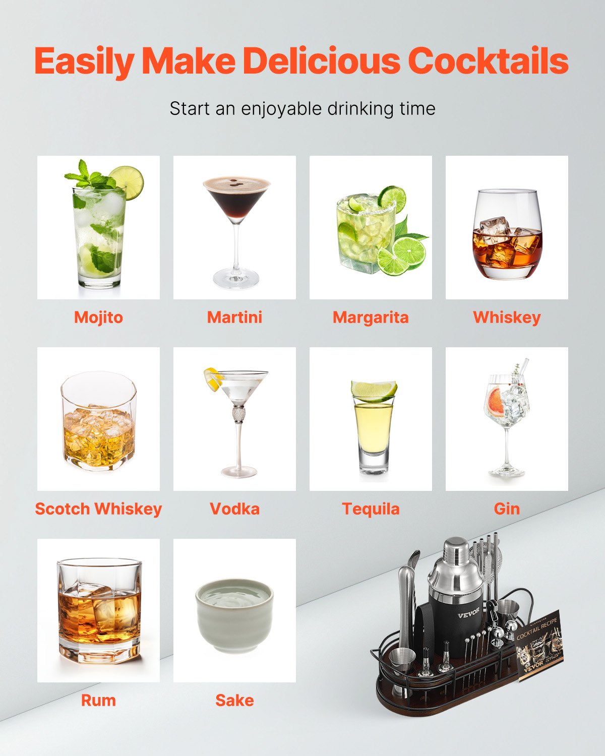 VEVOR Cocktail Shaker Set, 23-tlg. Bar-Set aus Edelstahl mit Bambusständer, Zubehör für Martini-Barkeeper-Set | Mixerlöffel Stößel Messbecher Sieb Schnapsausgießer Eiszange Korkenzieher