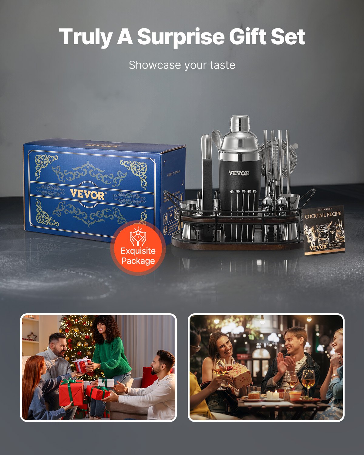 VEVOR Cocktail Shaker Set, 23-tlg. Bar-Set aus Edelstahl mit Bambusständer, Zubehör für Martini-Barkeeper-Set | Mixerlöffel Stößel Messbecher Sieb Schnapsausgießer Eiszange Korkenzieher