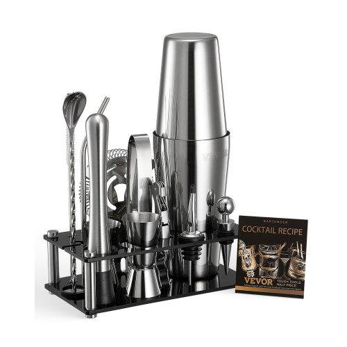 VEVOR Cocktail Shaker 14-teiliges Bar-Werkzeugset aus Edelstahl mit Acrylständer, Boston Barkeeper Set Zubehör Mixerlöffel Stößel Messbecher Sieb Schnapsausgießer Eiszange Korkenzieher, Silber