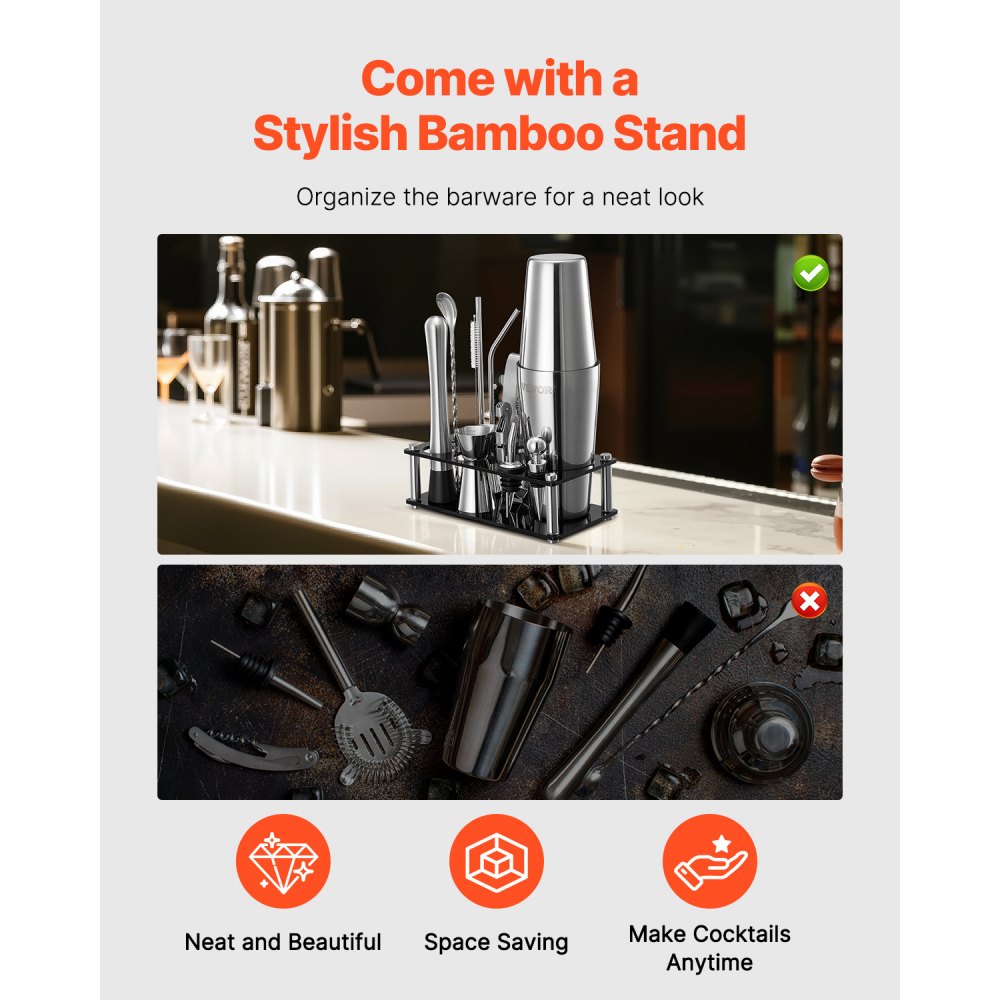 VEVOR Cocktail Shaker 14-teiliges Bar-Werkzeugset aus Edelstahl mit Acrylständer, Boston Barkeeper Set Zubehör Mixerlöffel Stößel Messbecher Sieb Schnapsausgießer Eiszange Korkenzieher, Silber
