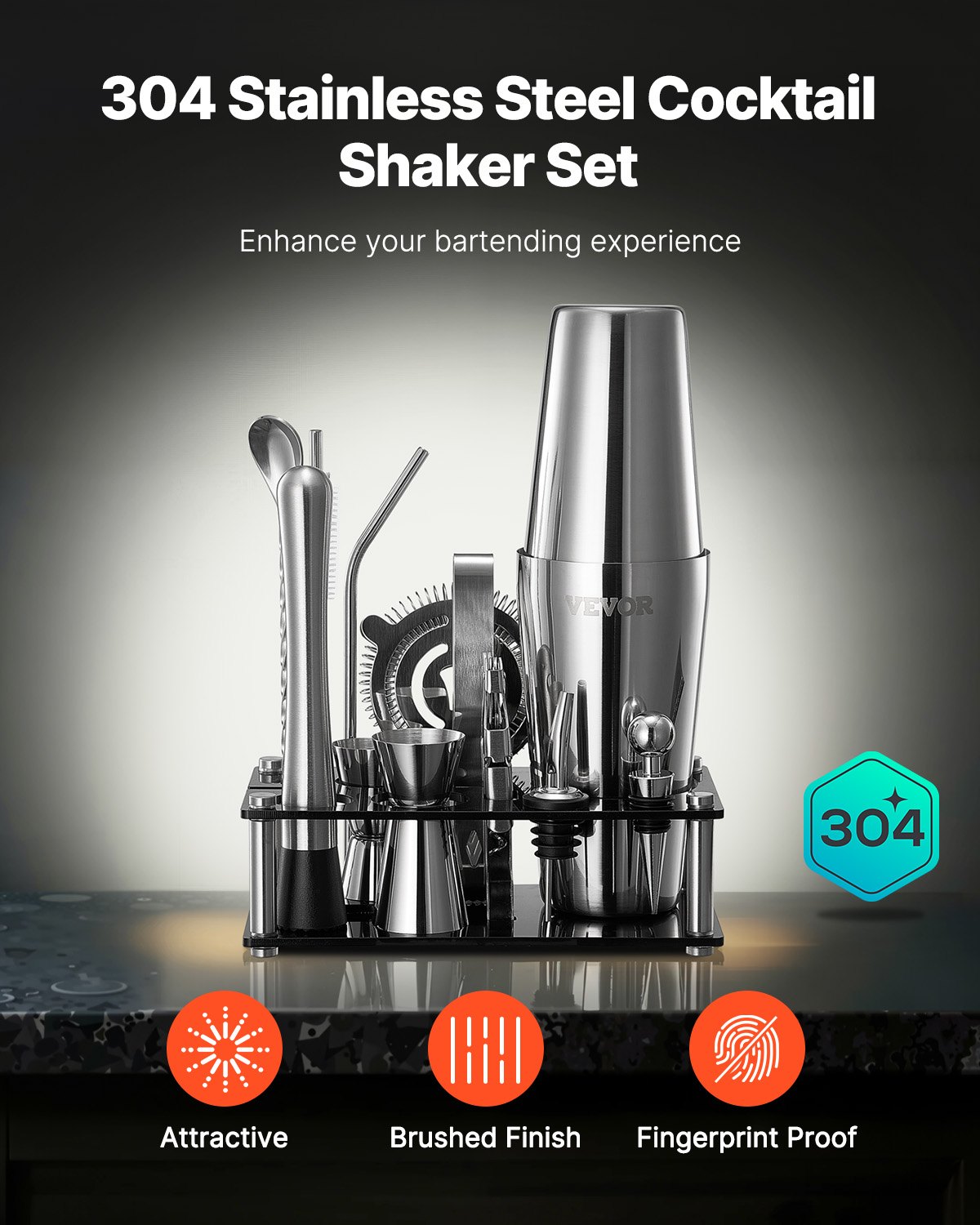 VEVOR Cocktail Shaker 14-teiliges Bar-Werkzeugset aus Edelstahl mit Acrylständer, Boston Barkeeper Set Zubehör Mixerlöffel Stößel Messbecher Sieb Schnapsausgießer Eiszange Korkenzieher, Silber