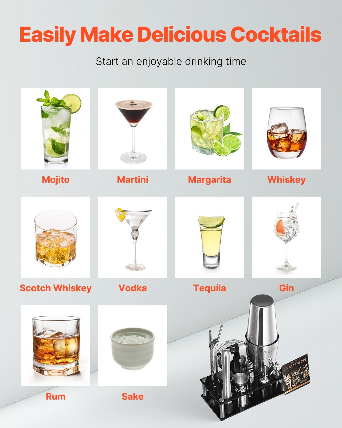 VEVOR Cocktail Shaker 14-teiliges Bar-Werkzeugset aus Edelstahl mit Acrylständer, Boston Barkeeper Set Zubehör Mixerlöffel Stößel Messbecher Sieb Schnapsausgießer Eiszange Korkenzieher, Silber