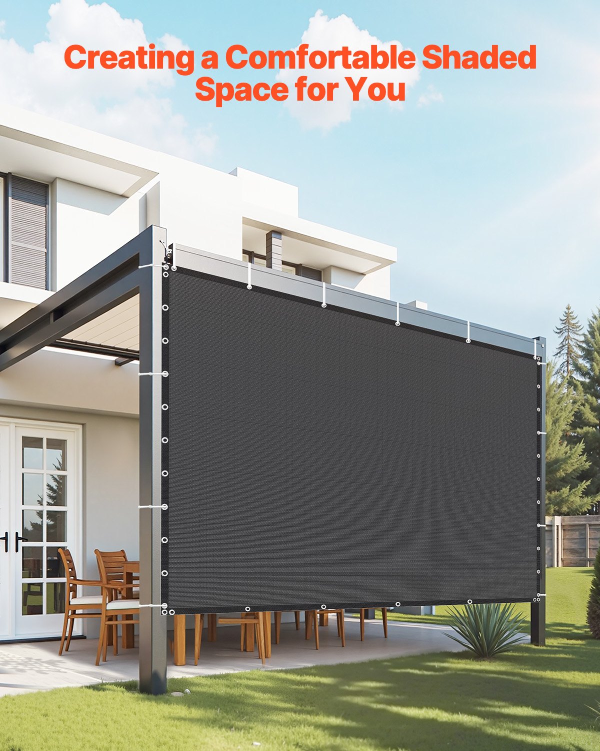 VEVOR 90 % Sonnenschutztuch Sichtschutz Schattenabdeckung (305 x 305 cm) für Pergola mit Edelstahlösen, Sonnensegeltuch mit 140 g/m² HDPE-Material, für Outdoor Terrasse Garten Hinterhof (Schwarz)