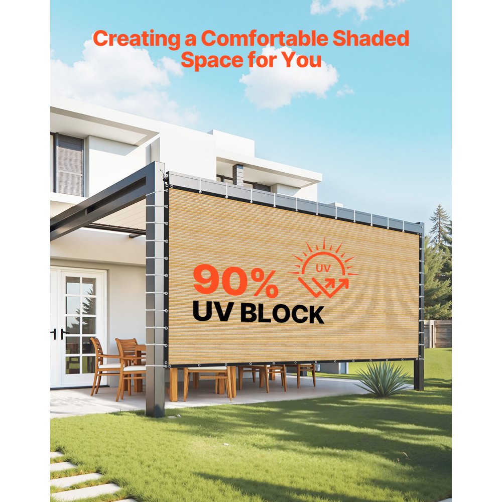 VEVOR 90 % Sonnenschutztuch Sichtschutz Schattenabdeckung (366 x 610 cm) für Pergola mit Edelstahlösen, Sonnensegeltuch mit 160 g/m² HDPE-Material, für Outdoor Terrasse Garten Hinterhof (Beige)