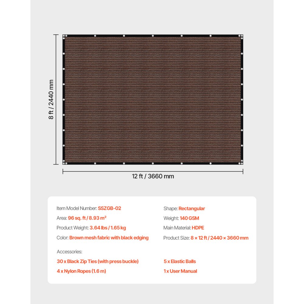 VEVOR 90% Sun Protection Fabric, Privacy Screen, Shade Cover (244 x 366 cm) for Pergola with Stainless Steel Eyelets, Sun Sail Fabric with 140 g/m² HDPE Material, for Outdoor Terrace, Garden, Backyard (Brown)