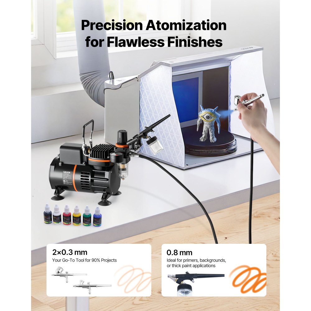 VEVOR Airbrush Set 1/6 PS mit Luftkompressor, 3 Dual Action Airbrush Pistolen mit 3 Düsen (0,3/0,3/0,8 mm) & Schlauch & Acrylfarbe & 2 Ventilatoren, für Kuchendekoration Modellmalerei Nagelkunst