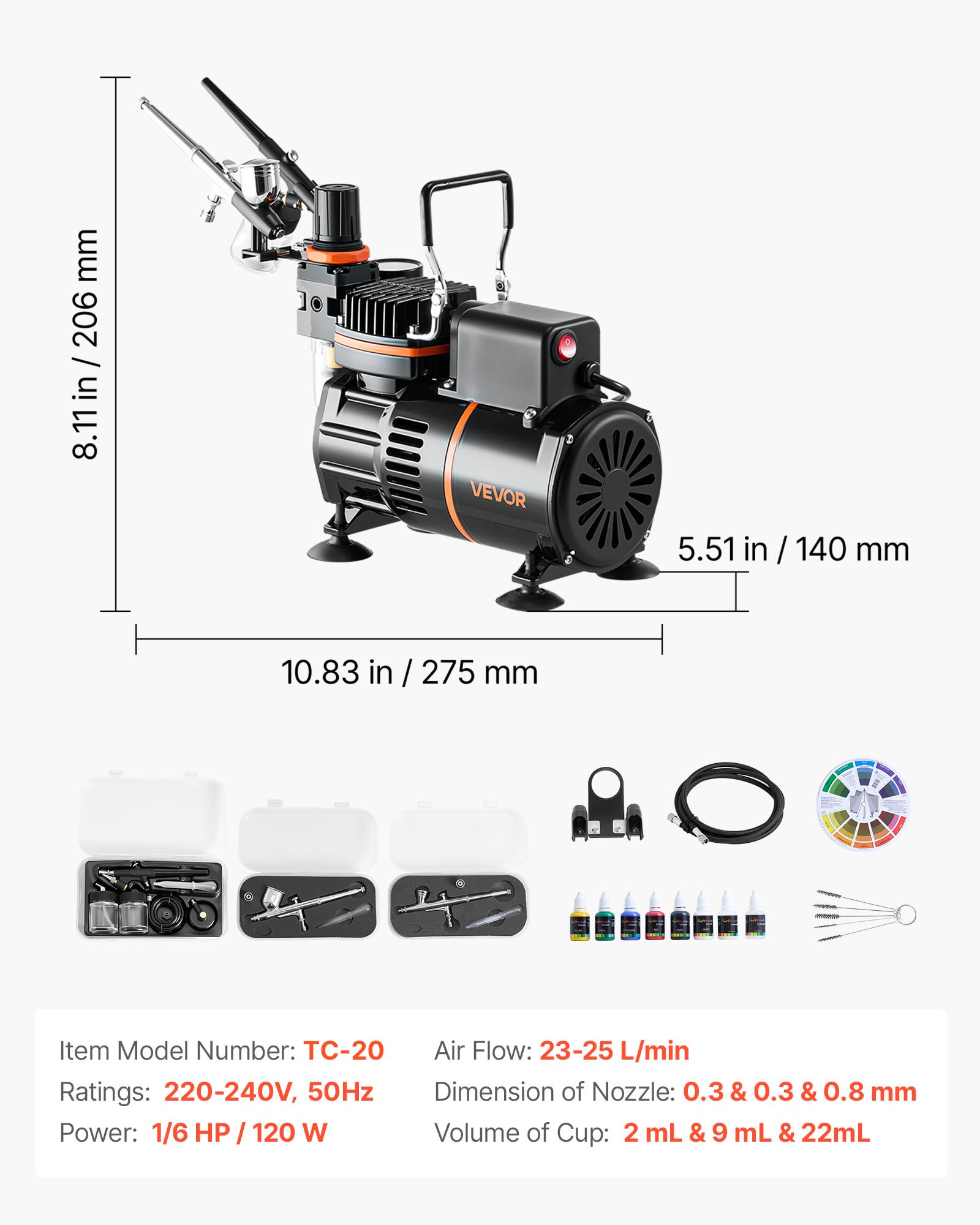 VEVOR Airbrush Set 1/6 PS mit Luftkompressor, 3 Dual Action Airbrush Pistolen mit 3 Düsen (0,3/0,3/0,8 mm) & Schlauch & Acrylfarbe & 2 Ventilatoren, für Kuchendekoration Modellmalerei Nagelkunst