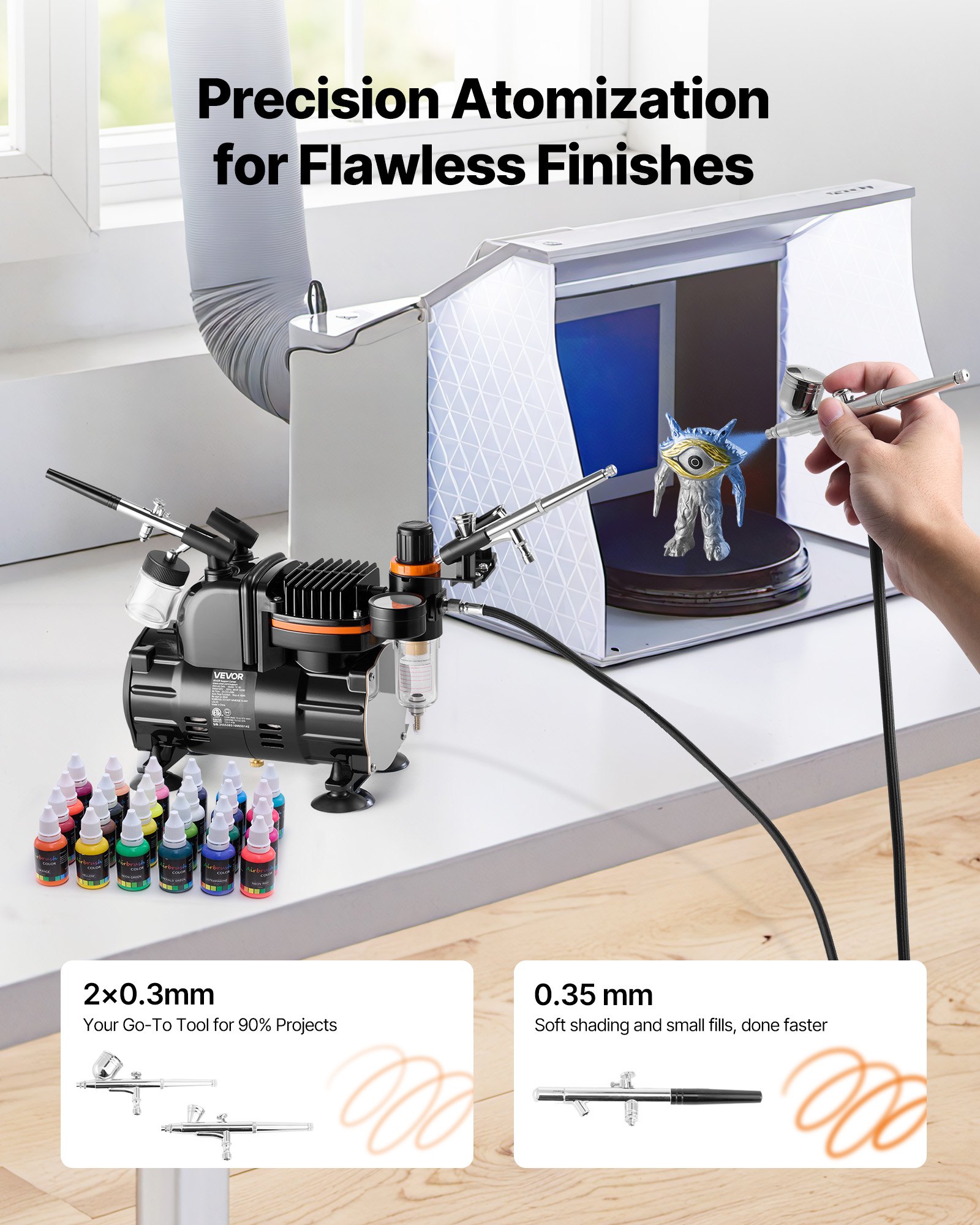 VEVOR Airbrush Set 1/6 PS mit Luftkompressor, 3 Dual Action Airbrush Pistolen mit 3 Düsen (0,3/0,3/0,35mm) & Schlauch & Acrylfarbe, für Kuchendekoration Modellmalerei Nagelkunst geräuscharm