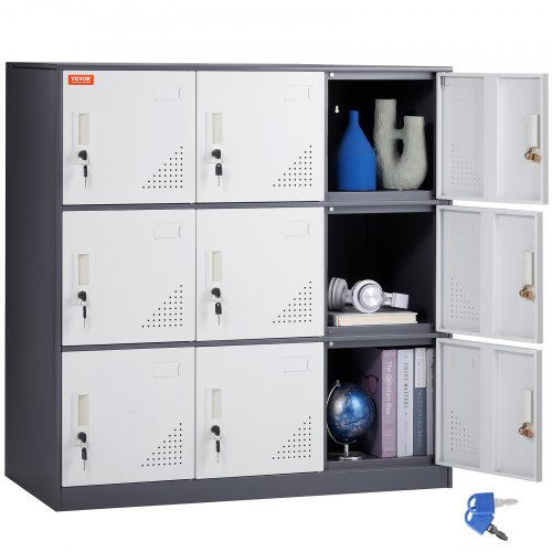 VEVOR Umkleideschrank Fächerschrank Schließfachschrank, 9-türiger Aufbewahrungsschrank, Garderobenschrank mit 9 Fächern Wertfachschrank, 30 kg Ladekapazität, Bürospinde für Büro, Zuhause, Schule