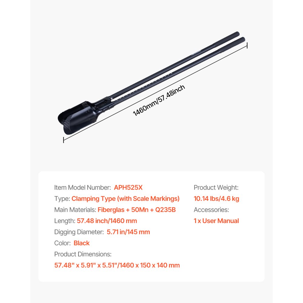 VEVOR Earth Auger 1460 mm, robust hand-held earth digger with fiberglass handle, hand-held auger with scale markings and metal blade, earth drill tool for digging in the garden and outdoors