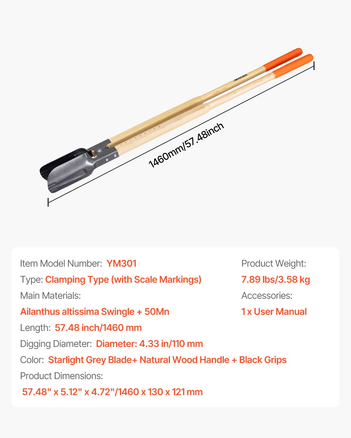 VEVOR Earth Auger 146cm, robust earth auger with wooden handle, hand auger with scale markings and metal blade, post hole spade tool for digging outdoor garden work