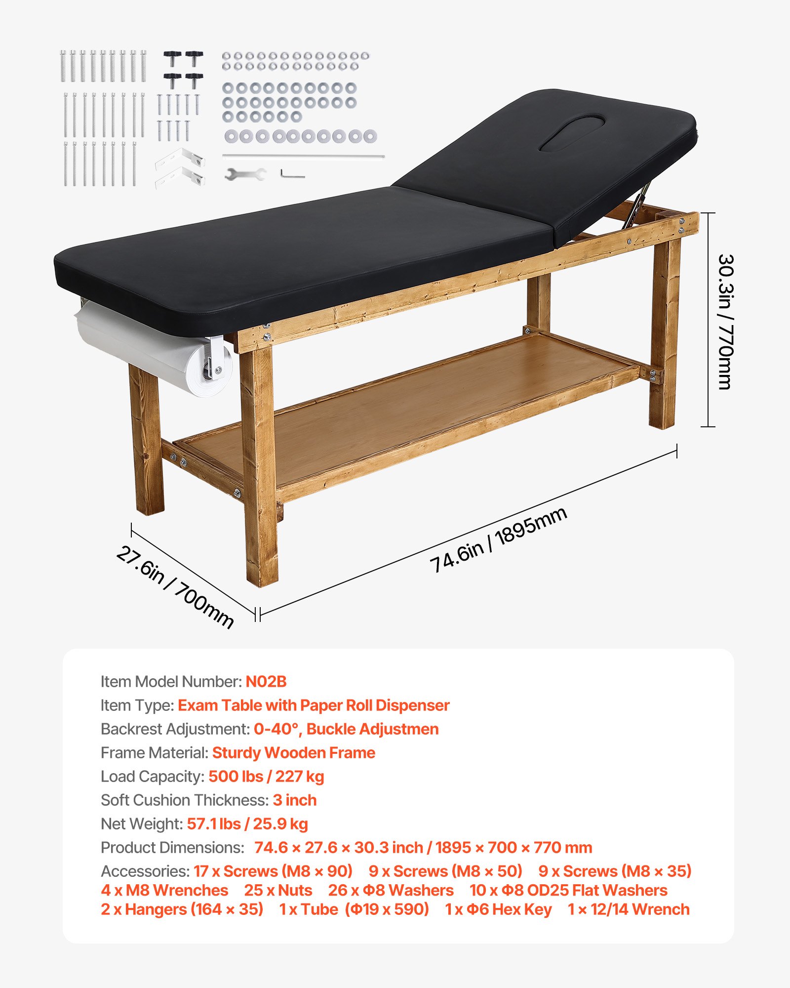 VEVOR Untersuchungsliege 227 kg, Ruheliege aus Holz, Praxisliege mit verstellbarer Rückenlehne, Ablagefach & Papierrollenspender für Krankenhäuser, Kliniken & Reha-Zentren, 1895x700x770 mm