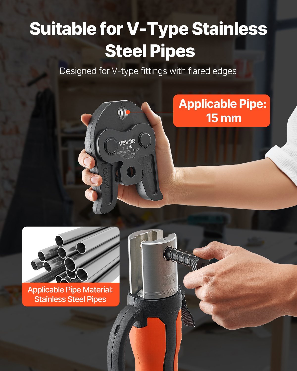 VEVOR V15 Pressbacke, 15 mm Presszange für V-Typ Edelstahlrohre, Crimpbacken aus Stahl, kompatibel mit Standard-Presswerkzeugen, Heizungs-, Lüftungs- & Klimasysteme, Gasleitungen