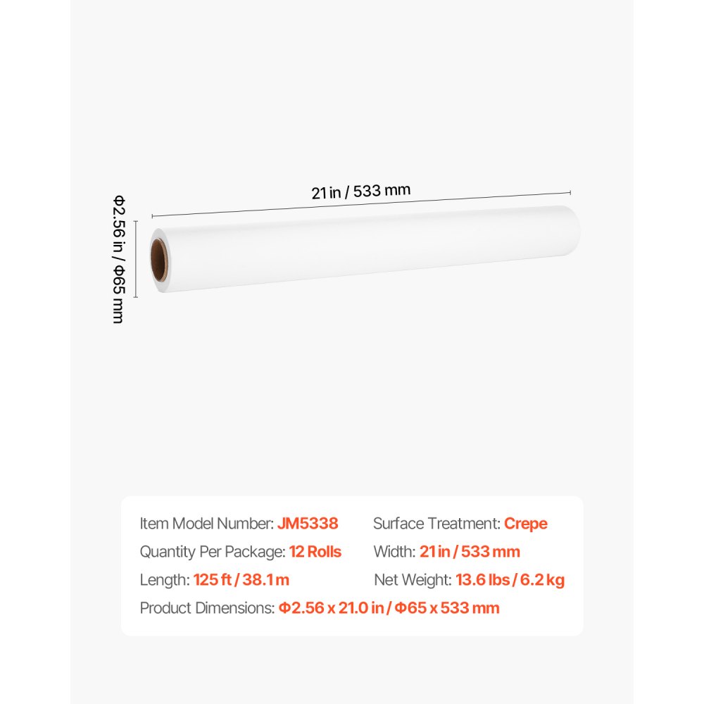 VEVOR Ärztekrepp, 533 mm x 38,1 m, Liegenabdeckung (12er-Pack), Einweg Liegenrolle, Ärzterolle ideal für Spas, Kindertagesstätten, Ärzte, Chiropraktiker, Untersuchungs- & Massagetische, weiß