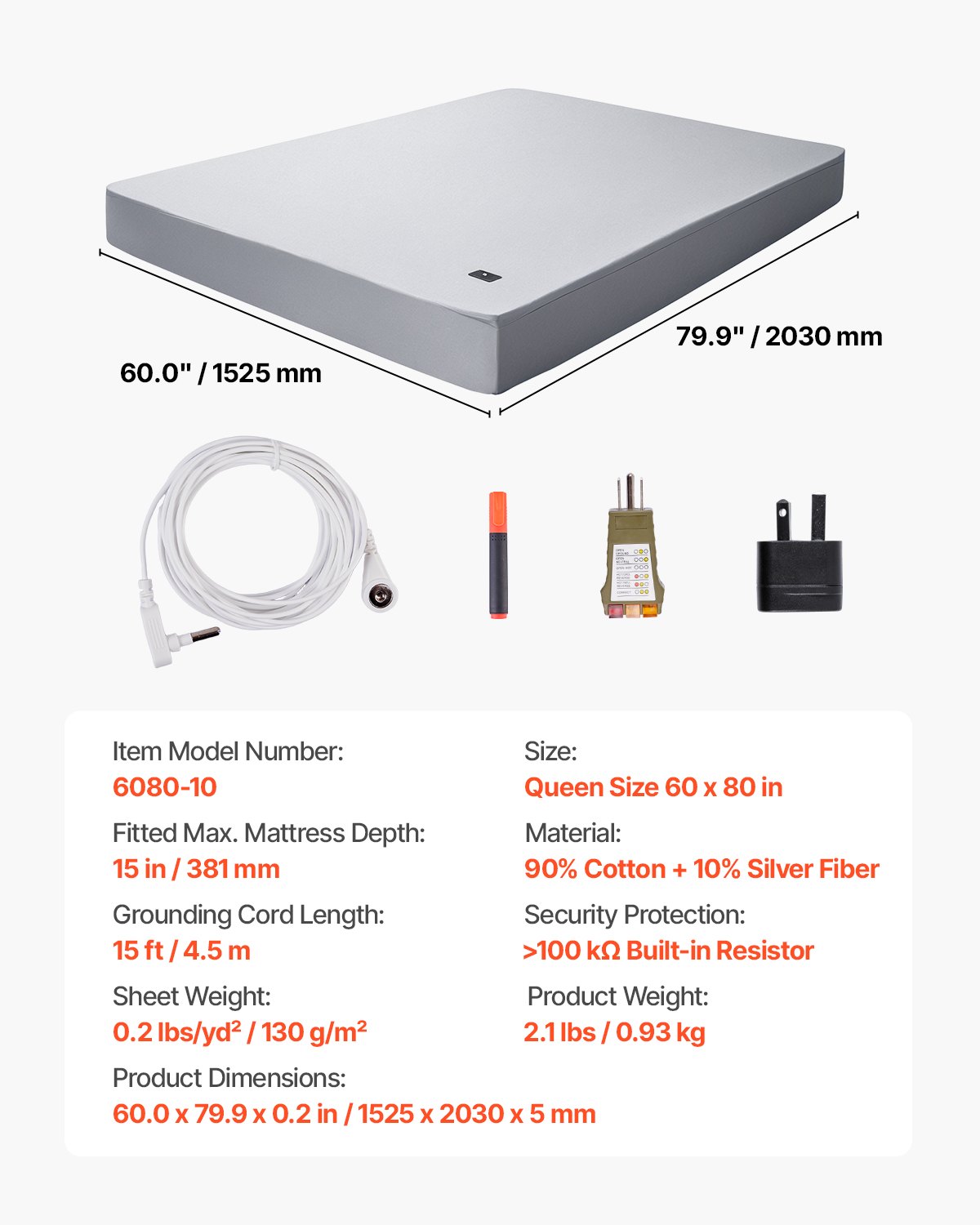 VEVOR Grounding Bed Sheet, Queen Size, 90% Cotton & 10% Pure Silver Fiber, Grounding Bed Mat, with Grounding Cable & Tester, for Improved Sleep & Well-being (Grey, Queen – 1525x2030x5 mm)