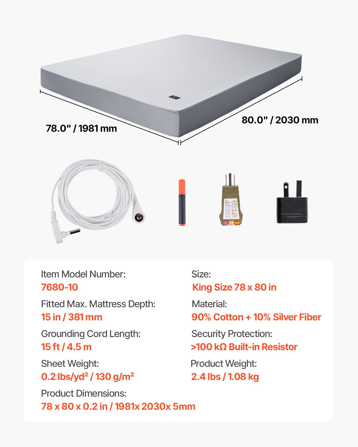 VEVOR Grounding Bed Sheet, King Size, 90% Cotton & 10% Pure Silver Fiber, Grounding Bed Mat, with Grounding Cable & Tester, for Improved Sleep & Well-being (Grey, King Size – 1981x2030x5 mm)