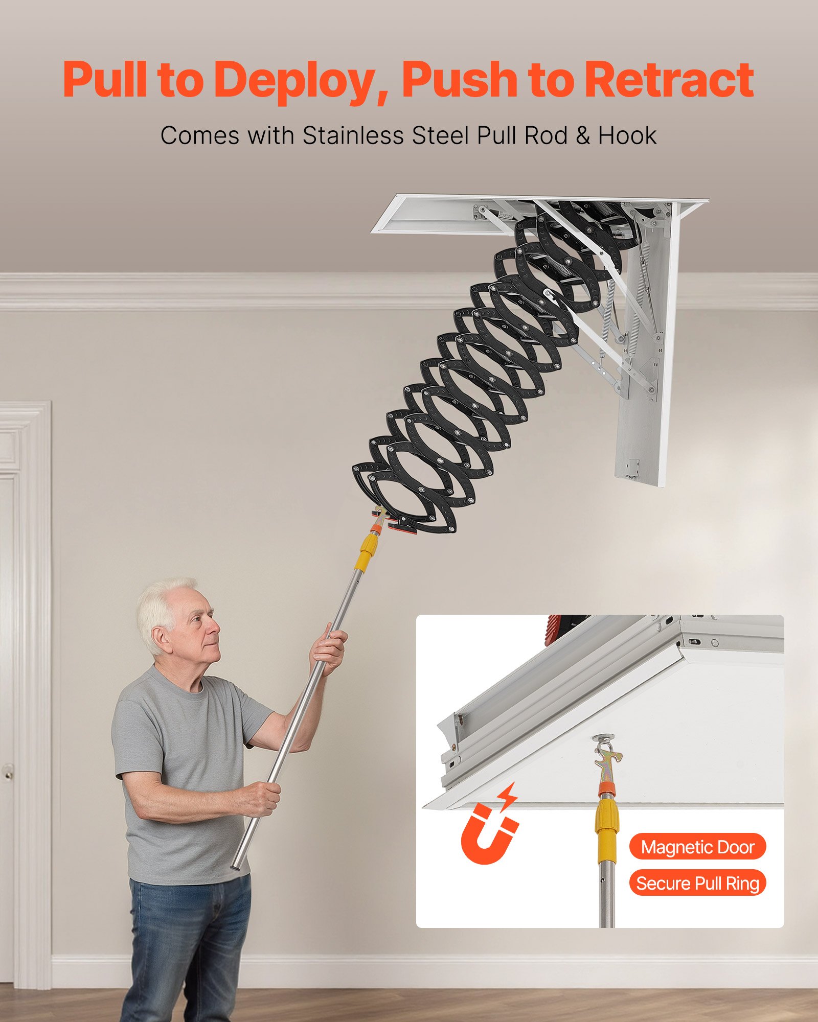 VEVOR attic ladder, load capacity 299.4 kg, suitable for ceiling heights from 2.6 to 2.85 m and opening size of 1000.76 x 698.5 mm, scissor ladder made of alloy steel with pull rod for attic