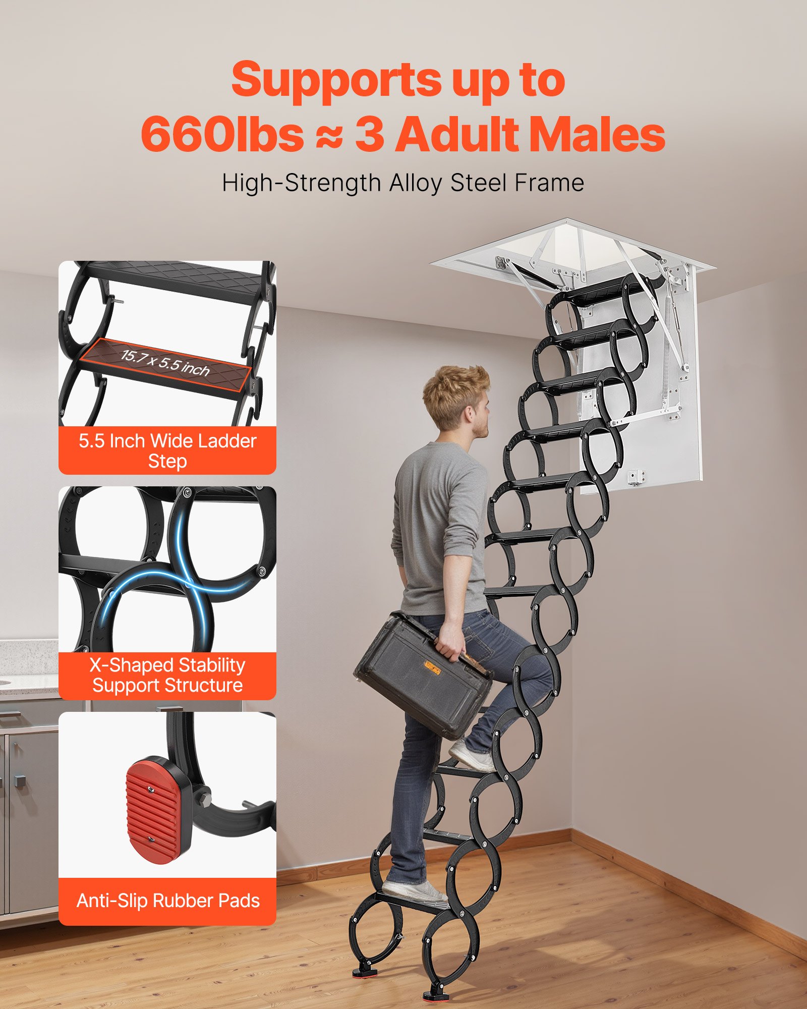 VEVOR Dachbodenleiter, Tragkraft 299,4 kg, passend für Deckenhöhen von 3,2-3,35 m und Öffnungsgröße von 1000,76x698,5 mm, ausziehbare Deckentreppe aus legiertem Stahl mit Zugstange für Dachboden