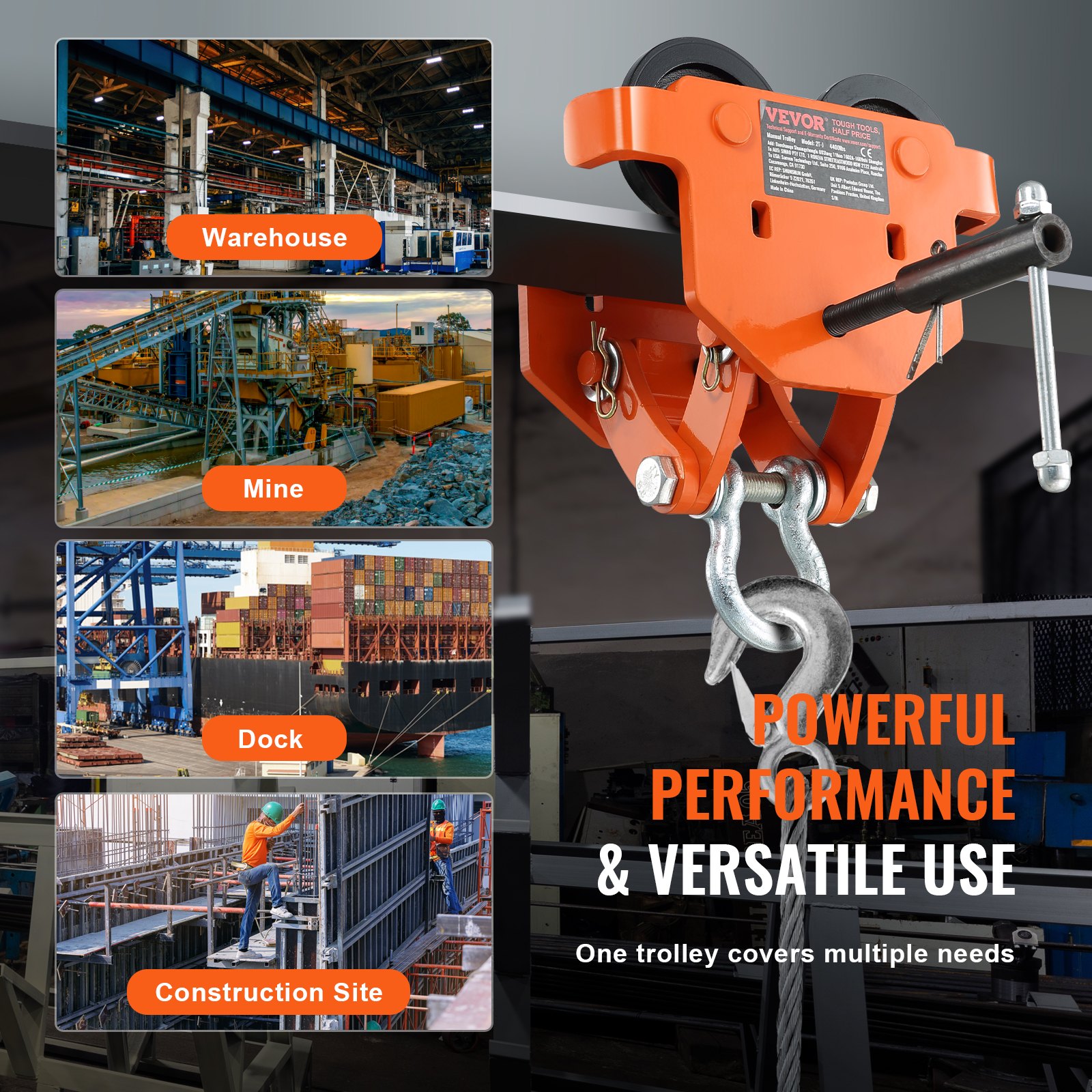 VEVOR Manueller Wagen, 4400 lbs/2 Tonnen Tragfähigkeit, Schubbalkenwagen mit Doppelrädern, verstellbar für I-Träger-Flanschbreite 2,8" bis 6,7", Hochleistungs-Garagenhebebühne aus legiertem Stahl für