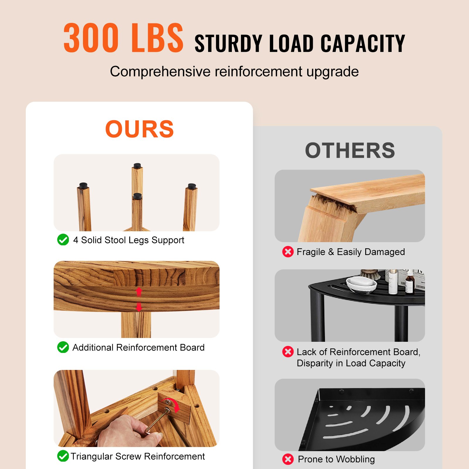 VEVOR Eck-Duschbank aus Teakholz, 316 mm Höhe, 100 % Teakholz-Eckduschbank, Schimmelresistent, 136 kg mit Ablagefläche, Duschhocker für Innen- und Außendusche, für Badezimmer