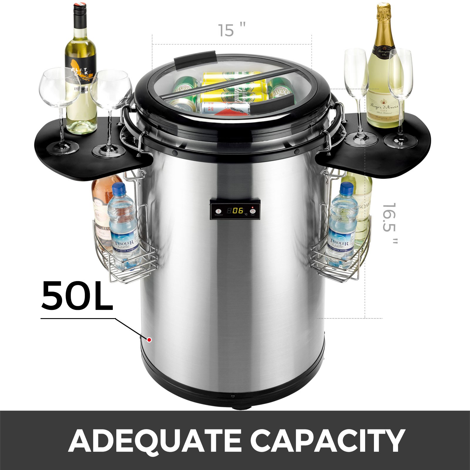 Weinkühler Party Kühlschrank 50l Edelstahl Bewegbar Hartglas Digitalanzeige