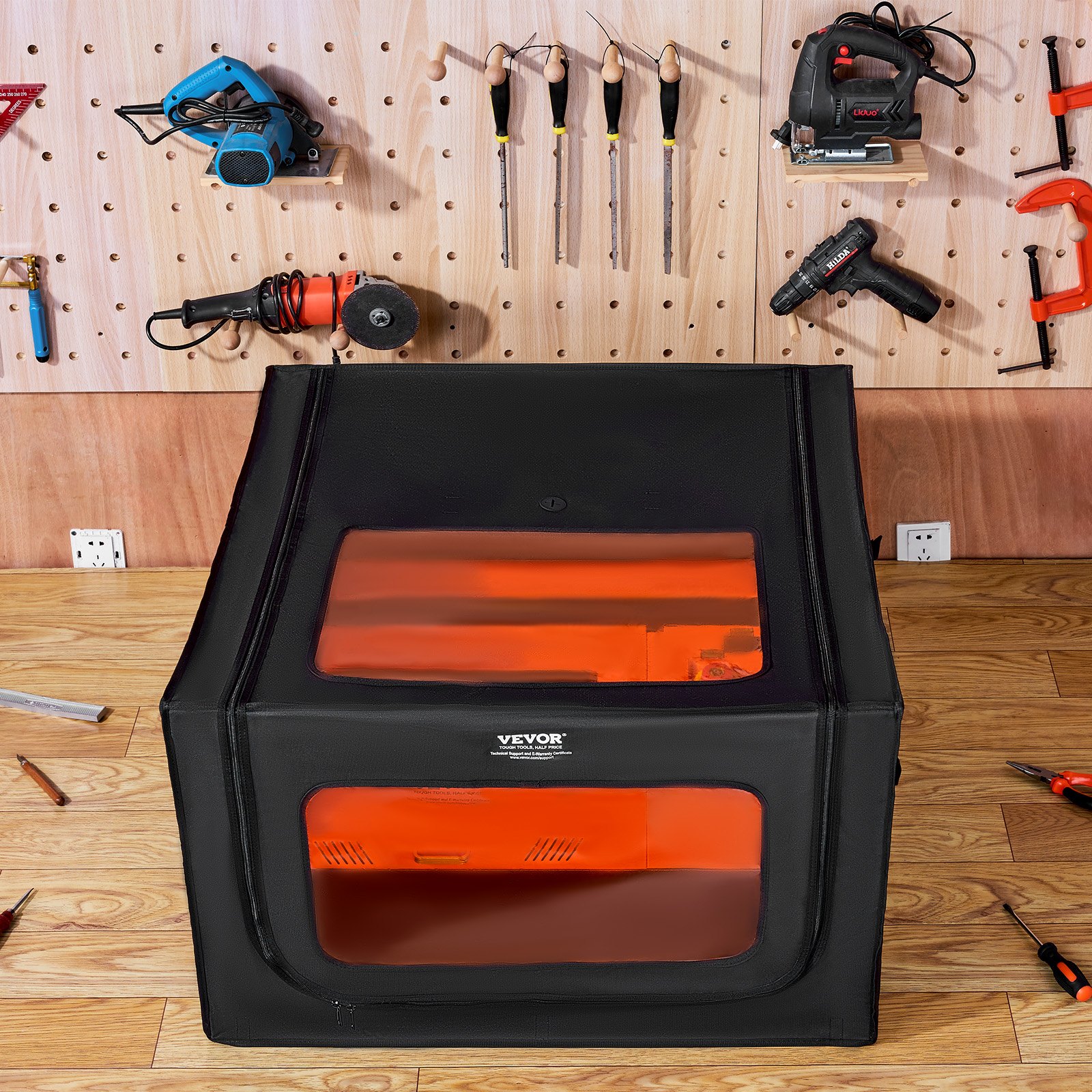 VEVOR Lasergravierer Gehäuse, 80x80x50cm, Laser Gehäuse, Sicht in zwei Richtungen, flammhemmende und feuerfeste Schutzhülle, mit Abluftventilator und -rohr, isoliert Rauch, Lärm und schützt die Augen